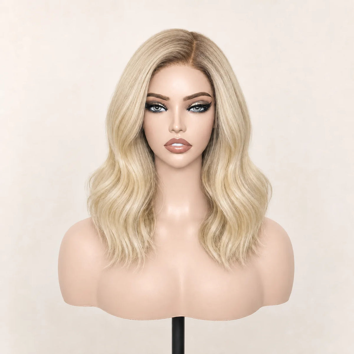 Front view of the Hugyoo Blonde Bob Side Part glueless human hair wig on a mannequin.