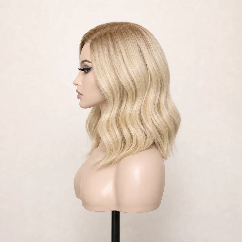 Front view of the Hugyoo Blonde Bob Side Part glueless human hair wig on a mannequin.