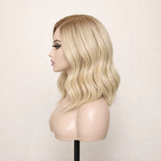 Side view of the Hugyoo Blonde Bob Side Part glueless human hair wig on a mannequin.