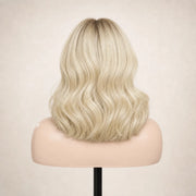 Back view of the Hugyoo Blonde Bob Side Part glueless human hair wig showing its length and texture.