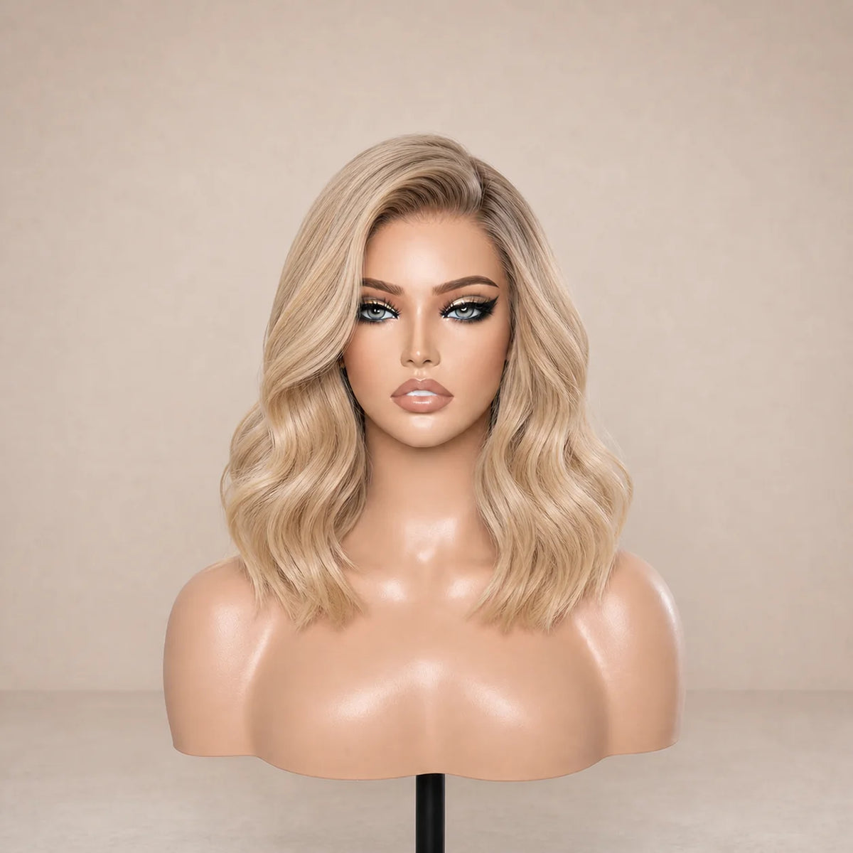 Front view of the HUGYOO Classic Blonde 2-Length Bob glueless human hair wig on a mannequin.