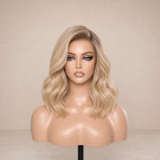 Front view of the HUGYOO Classic Blonde 2-Length Bob glueless human hair wig on a mannequin.