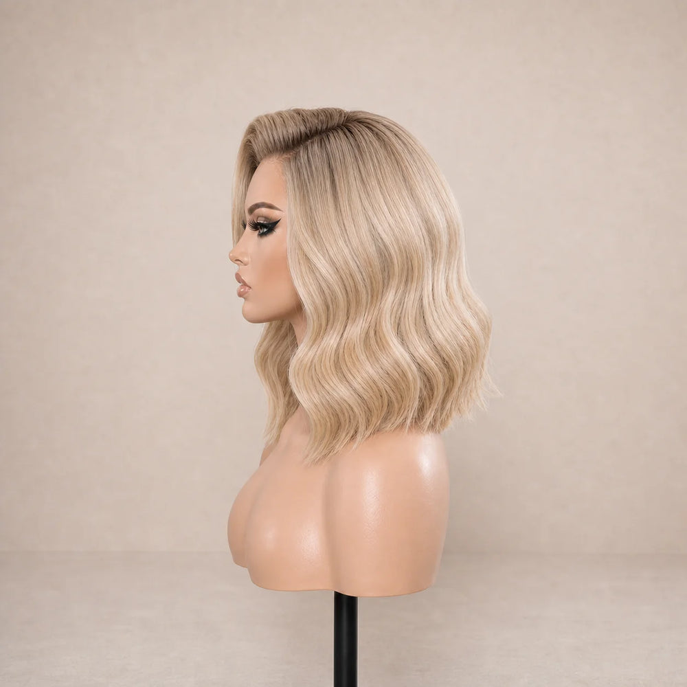 Front view of the HUGYOO Classic Blonde 2-Length Bob glueless human hair wig on a mannequin.