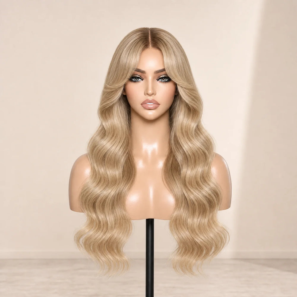 Front view of the Hugyoo Buttery Blonde Curtain Bangs glueless human hair wig on a mannequin.