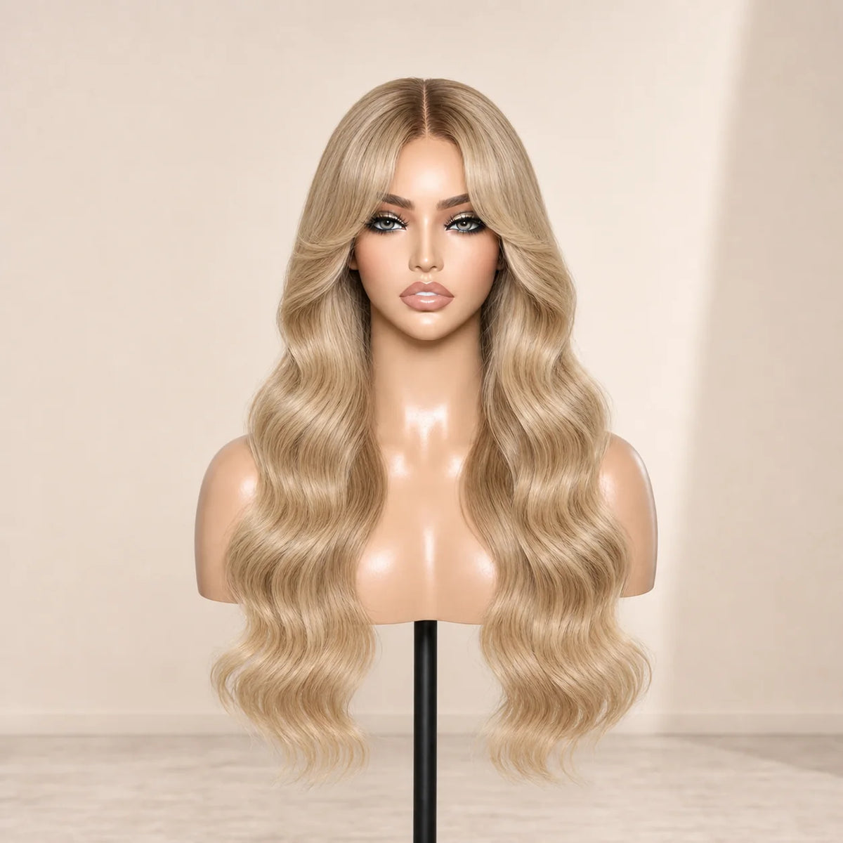 Front view of the Hugyoo Buttery Blonde Curtain Bangs glueless human hair wig on a mannequin.