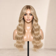 Front view of the Hugyoo Buttery Blonde Curtain Bangs glueless human hair wig on a mannequin.