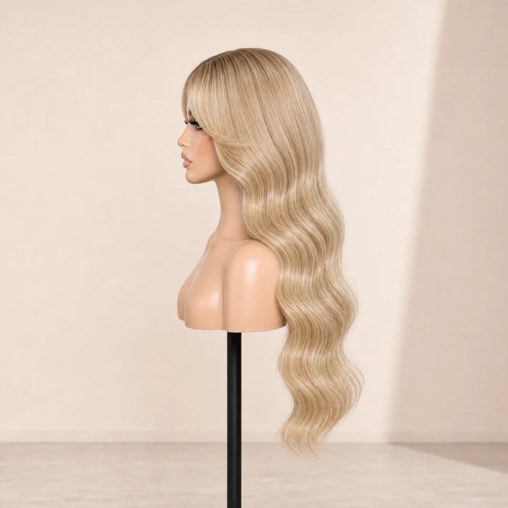 Front view of the Hugyoo Buttery Blonde Curtain Bangs glueless human hair wig on a mannequin.
