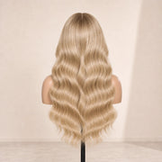 Back view of the Hugyoo Buttery Blonde Curtain Bangs glueless human hair wig showing its length and texture.