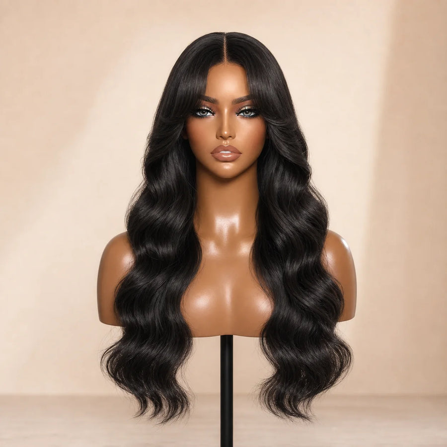 Front view of the Hugyoo Natural Black Loose Wave Curtain Bangs glueless human hair wig on a mannequin.