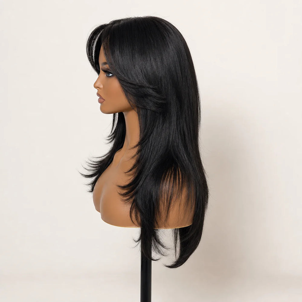 Front view of the Hugyoo Natural Black Layered Curtain Bangs glueless human hair wig on a mannequin.