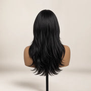 Back view of the Hugyoo Natural Black Layered Curtain Bangs glueless human hair wig showing its length and texture.