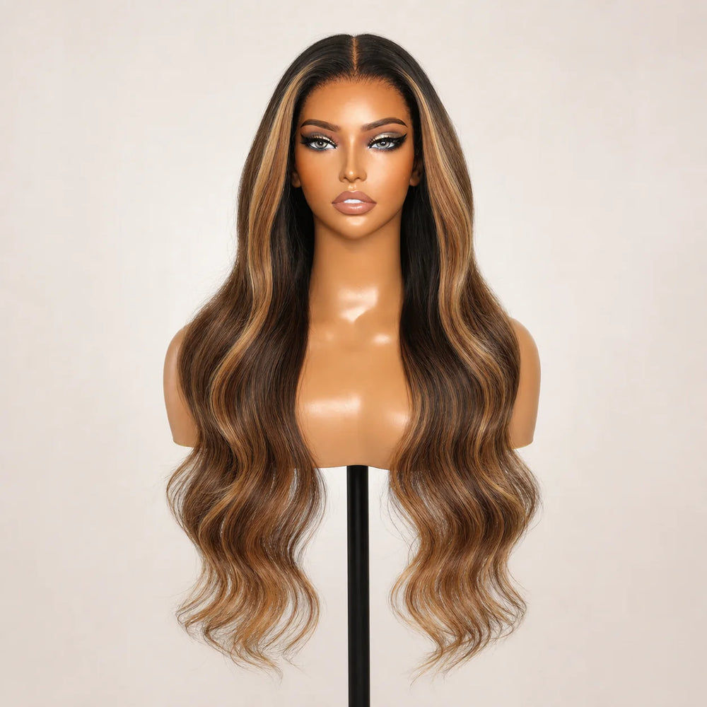 Front view of the Hugyoo Brown Highlights Wavy Face Framing glueless human hair wig on a mannequin.