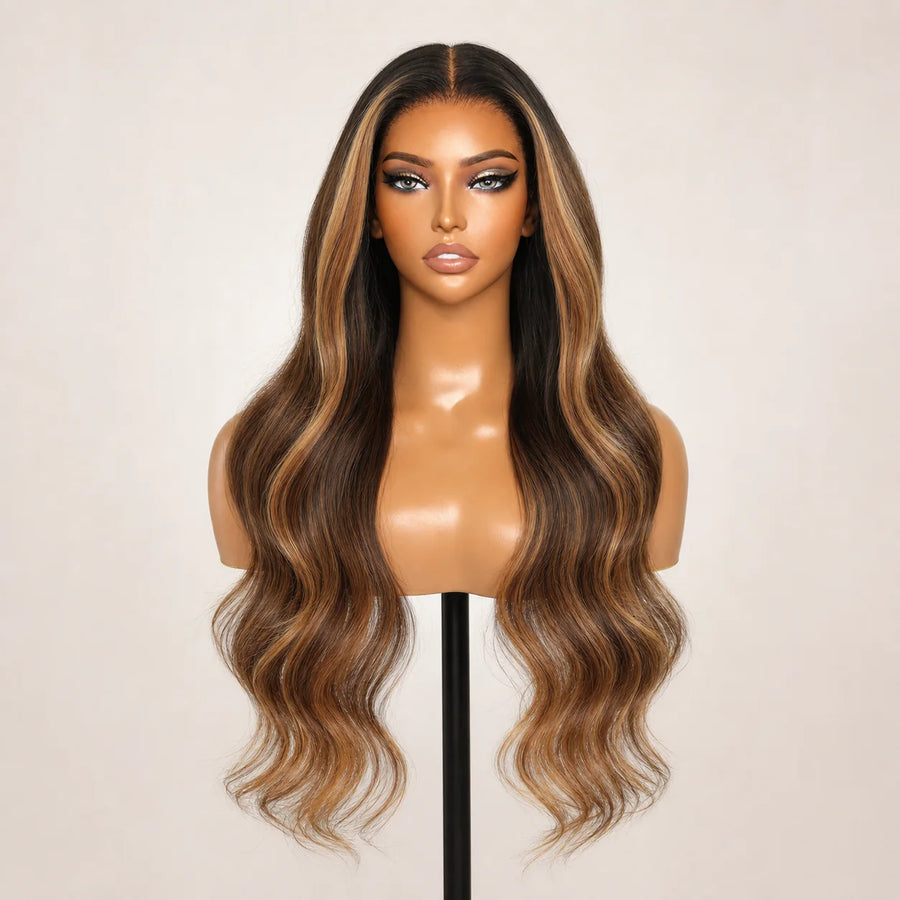 Front view of the Hugyoo Brown Highlights Wavy Face Framing glueless human hair wig on a mannequin.