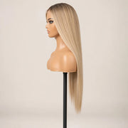 Side view of the Hugyoo Blonde Long Layers glueless human hair wig on a mannequin.