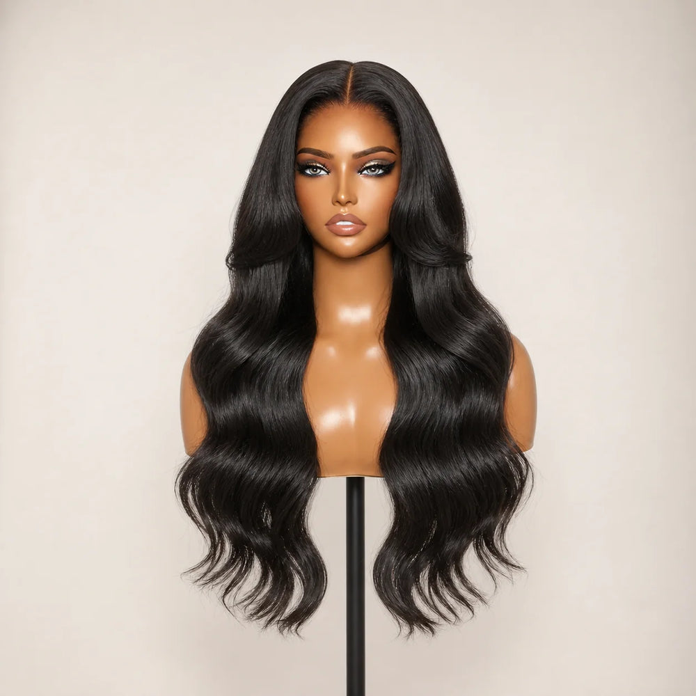 Front view of the Hugyoo Natural Black Body Wave glueless human hair wig on a mannequin.