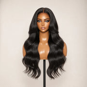 Front view of the Hugyoo Natural Black Body Wave glueless human hair wig on a mannequin.