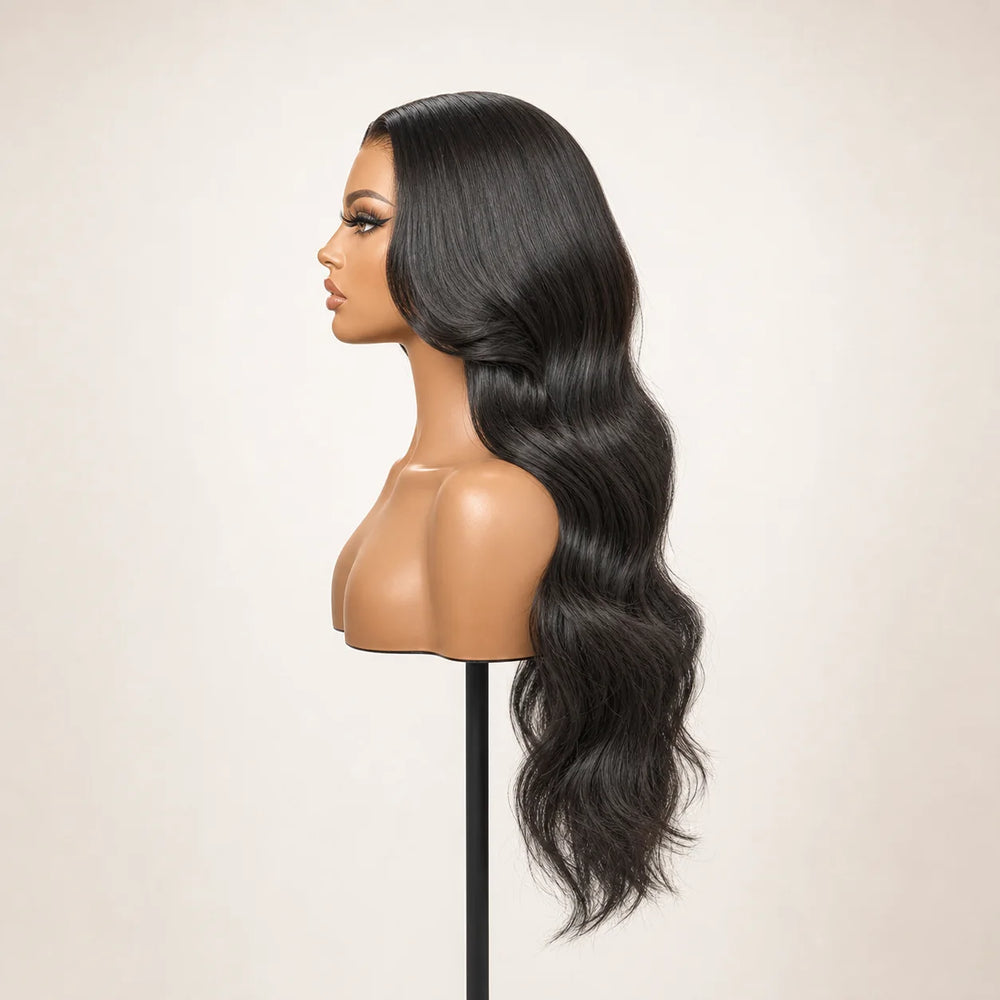 Front view of the Hugyoo Natural Black Body Wave glueless human hair wig on a mannequin.