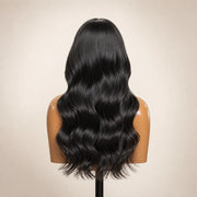 Back view of the Hugyoo Natural Black Body Wave glueless human hair wig showing its length and texture.