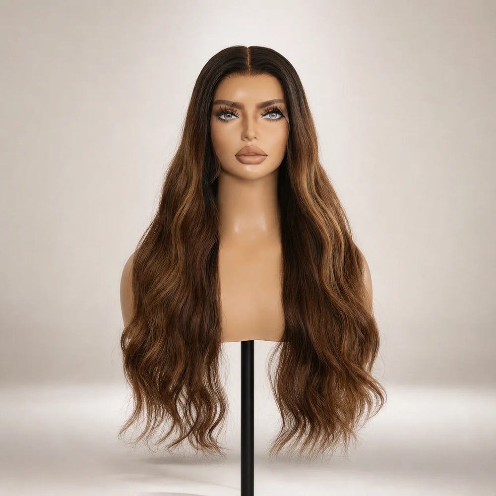 Front view of the Hugyoo Brown Body Wave glueless human hair wig on a mannequin.