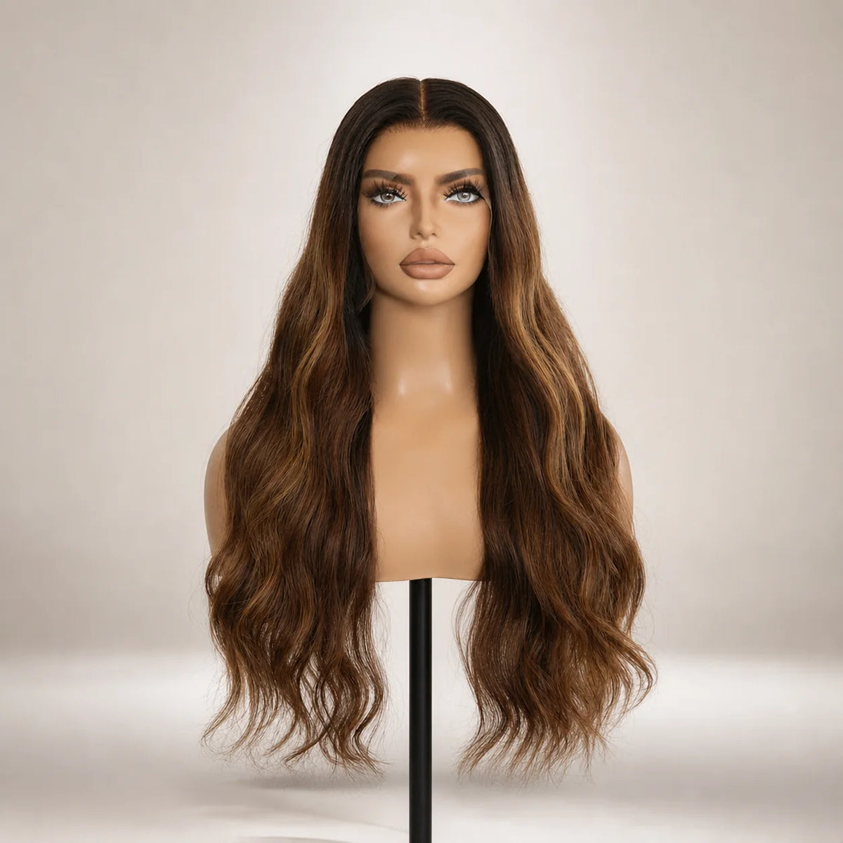 Front view of the Hugyoo Brown Body Wave glueless human hair wig on a mannequin.
