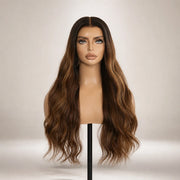 Front view of the Hugyoo Brown Body Wave glueless human hair wig on a mannequin.