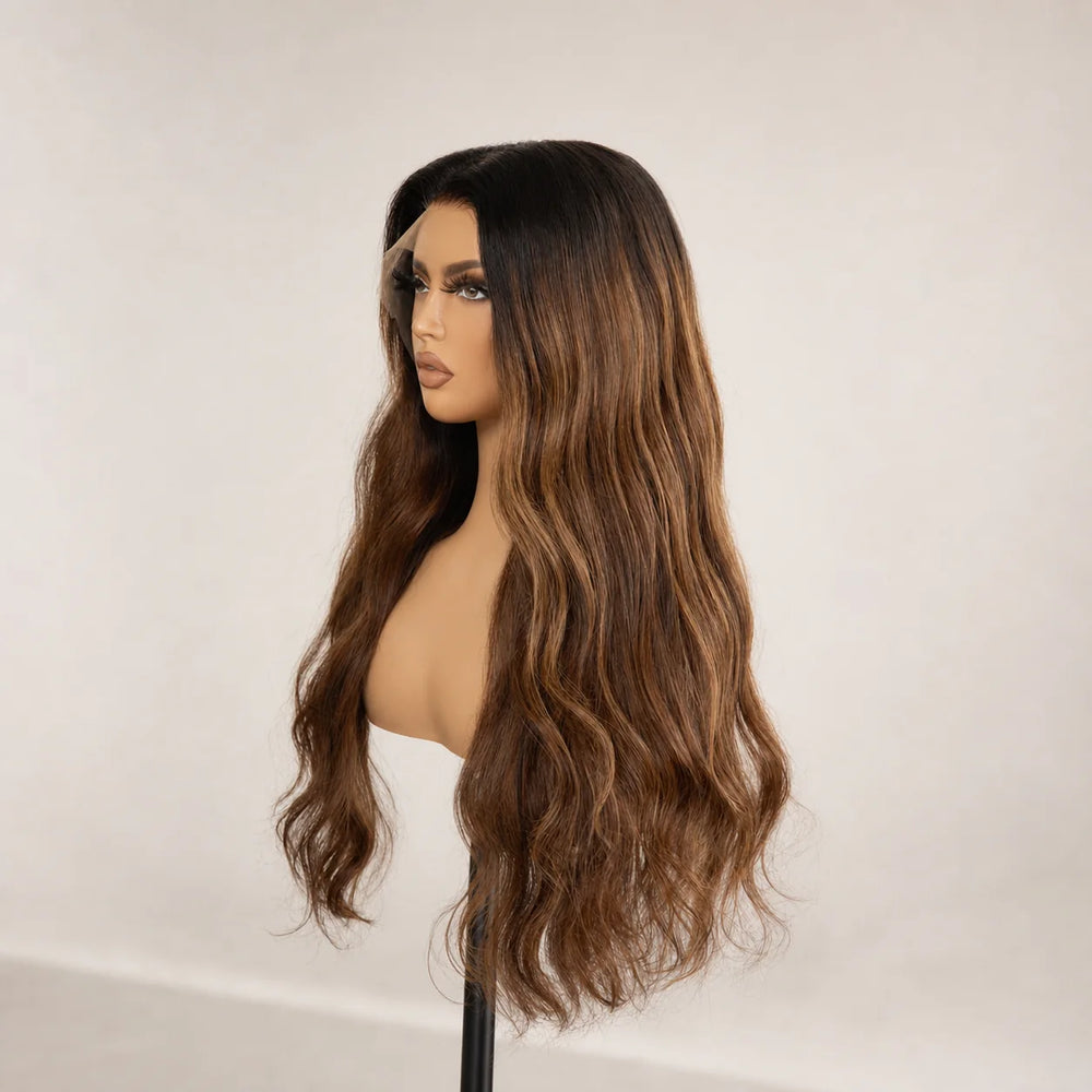 Front view of the Hugyoo Brown Body Wave glueless human hair wig on a mannequin.