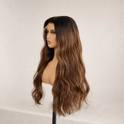 Side view of the Hugyoo Brown Body Wave glueless human hair wig on a mannequin.