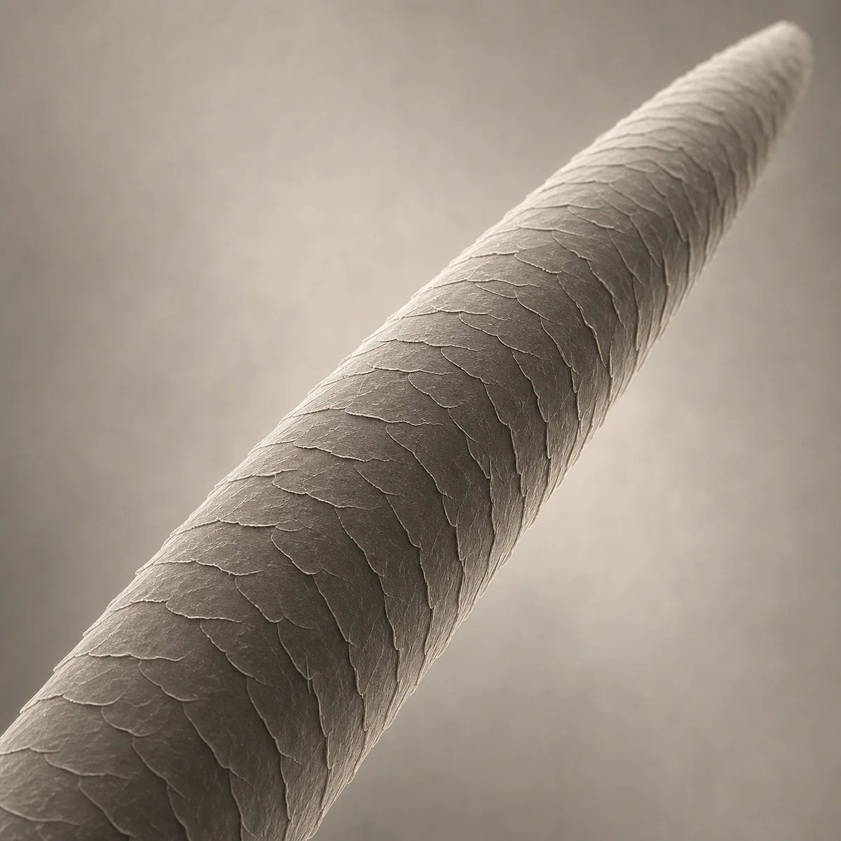 Educational macro illustration of smooth overlapping hair cuticles aligned in one direction.