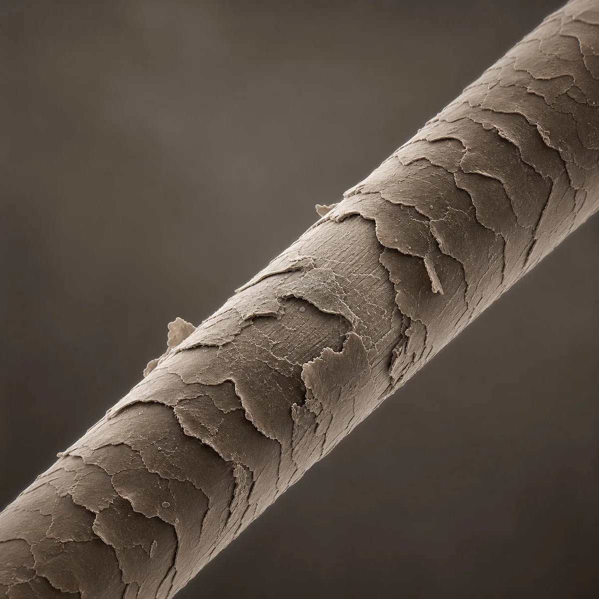 Educational macro illustration of raised, chipped, and irregular hair cuticles.
