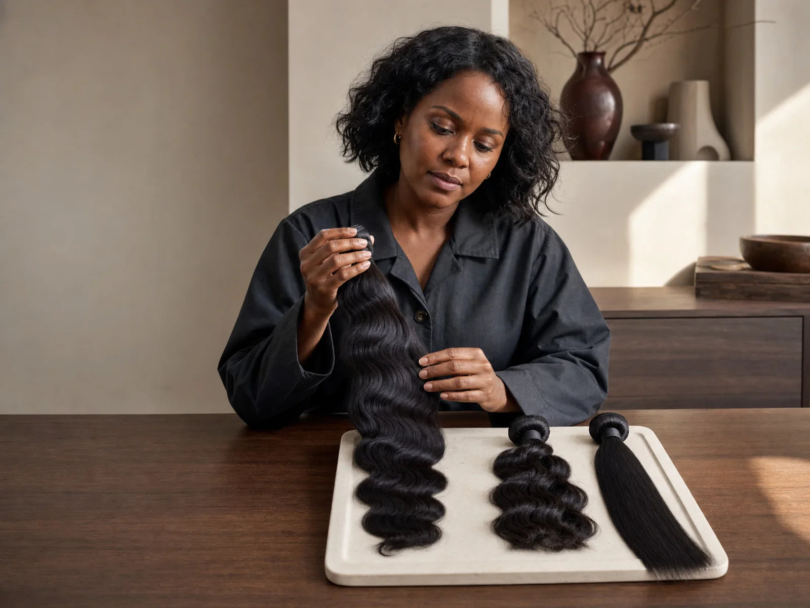 Black woman reviews and selects natural-black hair sections arranged on a quality-control table.