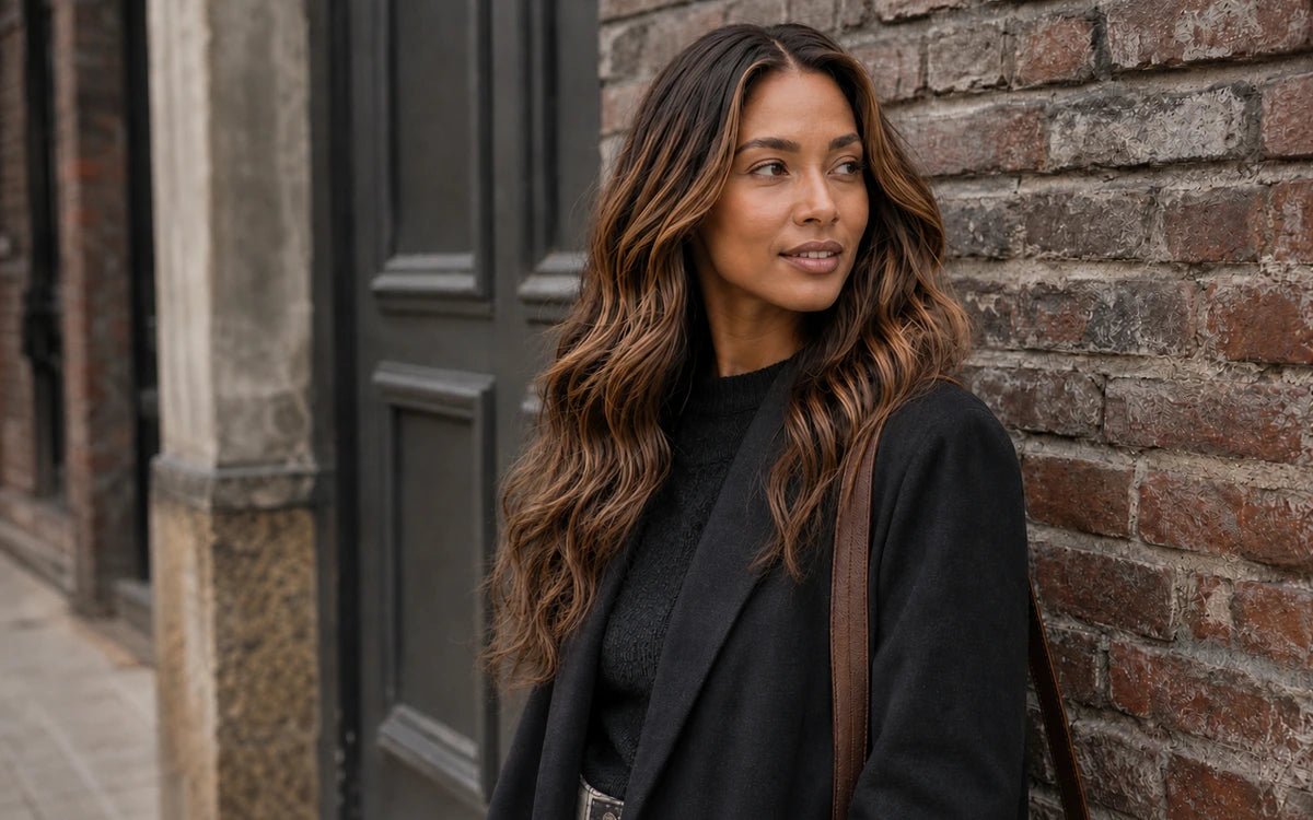 Woman with highlighted brown waves beside a brick wall on a city street.