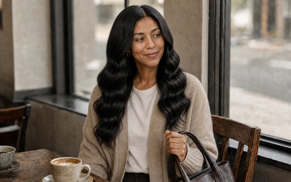 Woman with long black waves beside a cafe window.