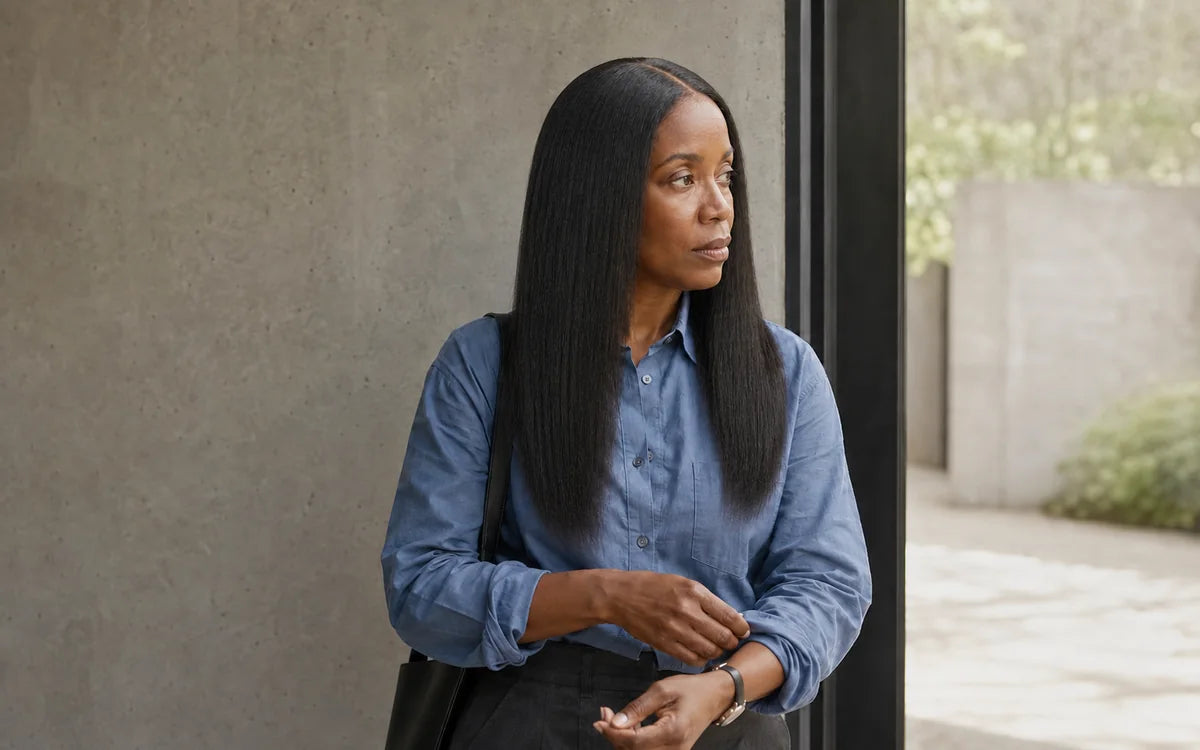 Woman with long black straight hair in a blue shirt beside a stone wall.