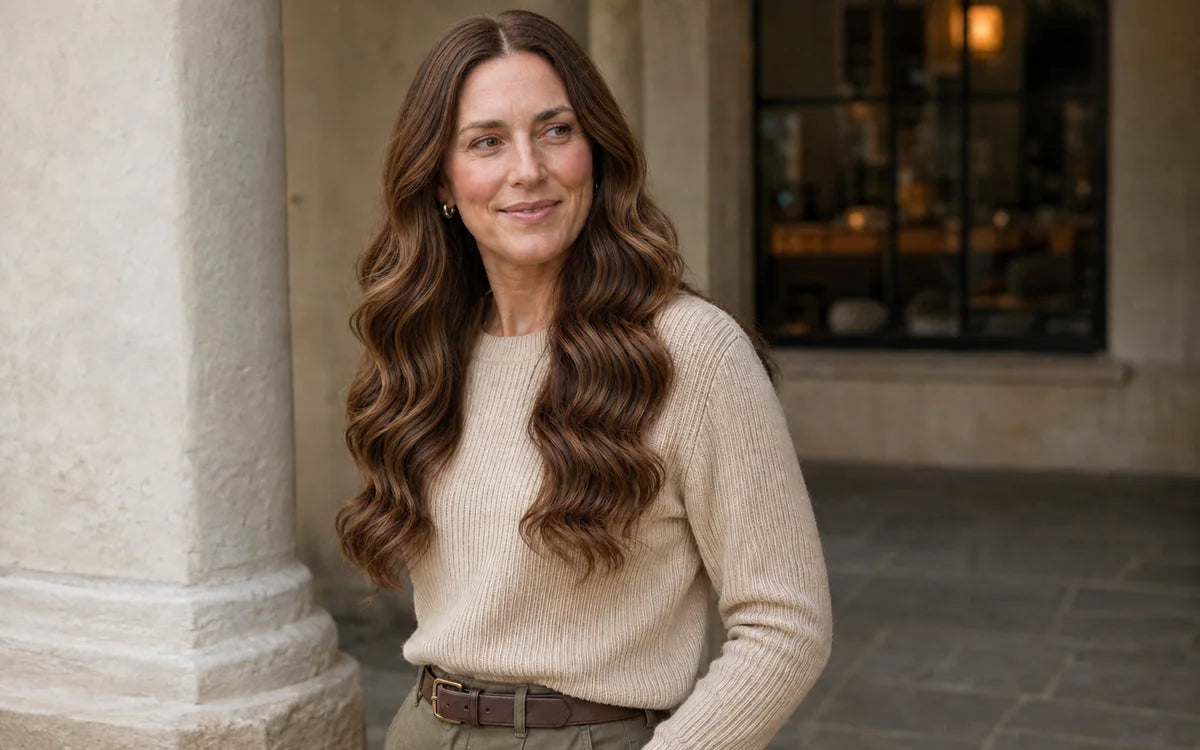 Woman with long brown waves beside a cafe entrance.