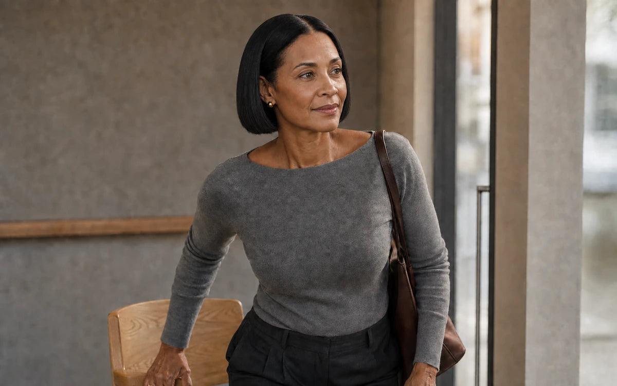 Woman with a sleek black bob in a gray top beside a stone wall.