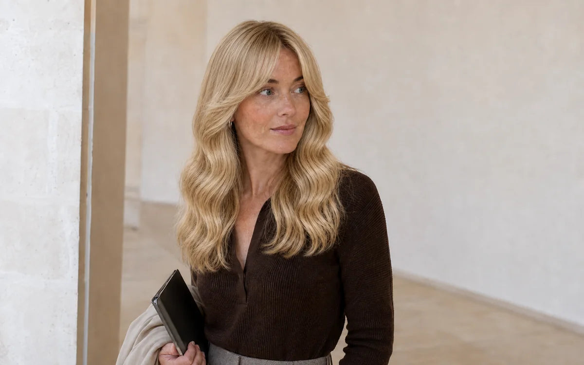Woman with blonde curtain bangs and layered waves in a gallery.