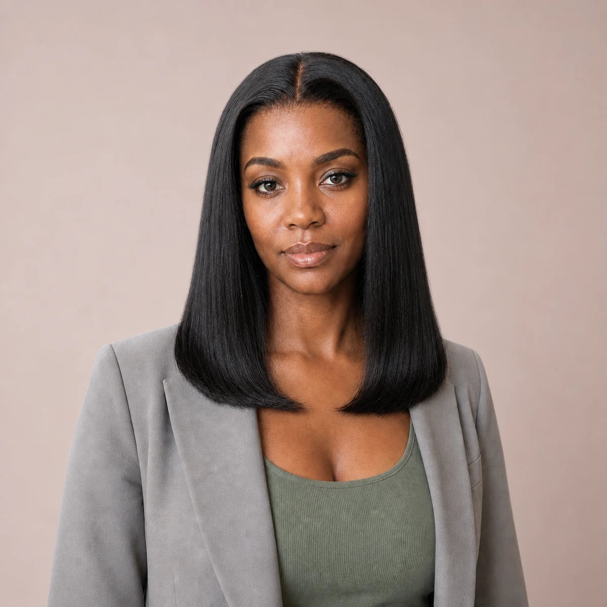 Black woman wearing a sleek natural black bob, representing Hugyoo Bob & Short wigs.