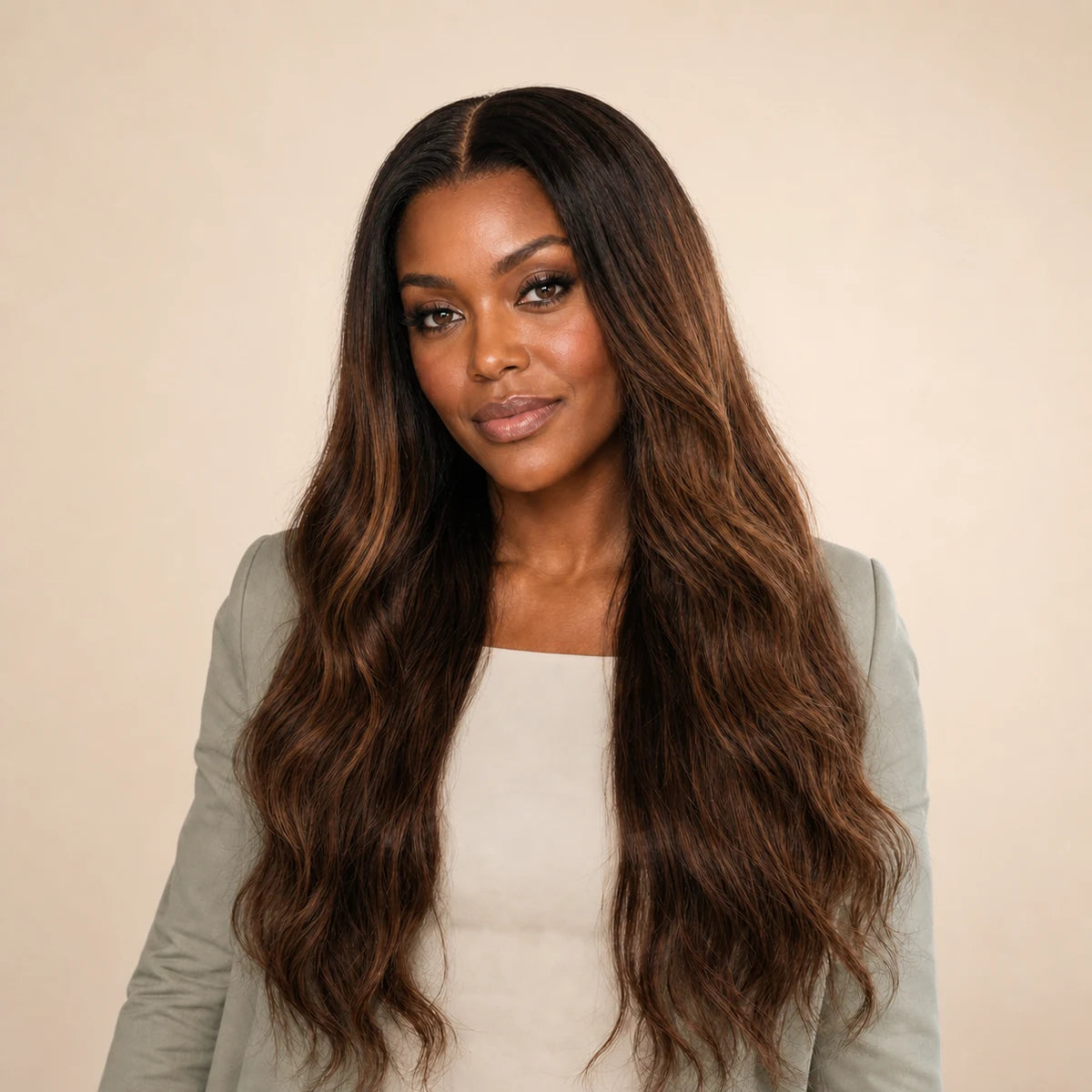 Black woman wearing long warm brown loose waves, representing Hugyoo Soft, Body & Loose Waves wigs.