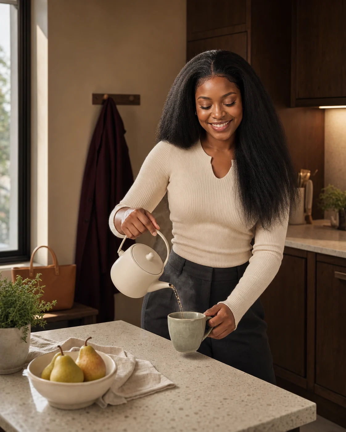 A Black woman with natural-black kinky-straight hair pours tea in a warm, sunlit kitchen before her day begins.