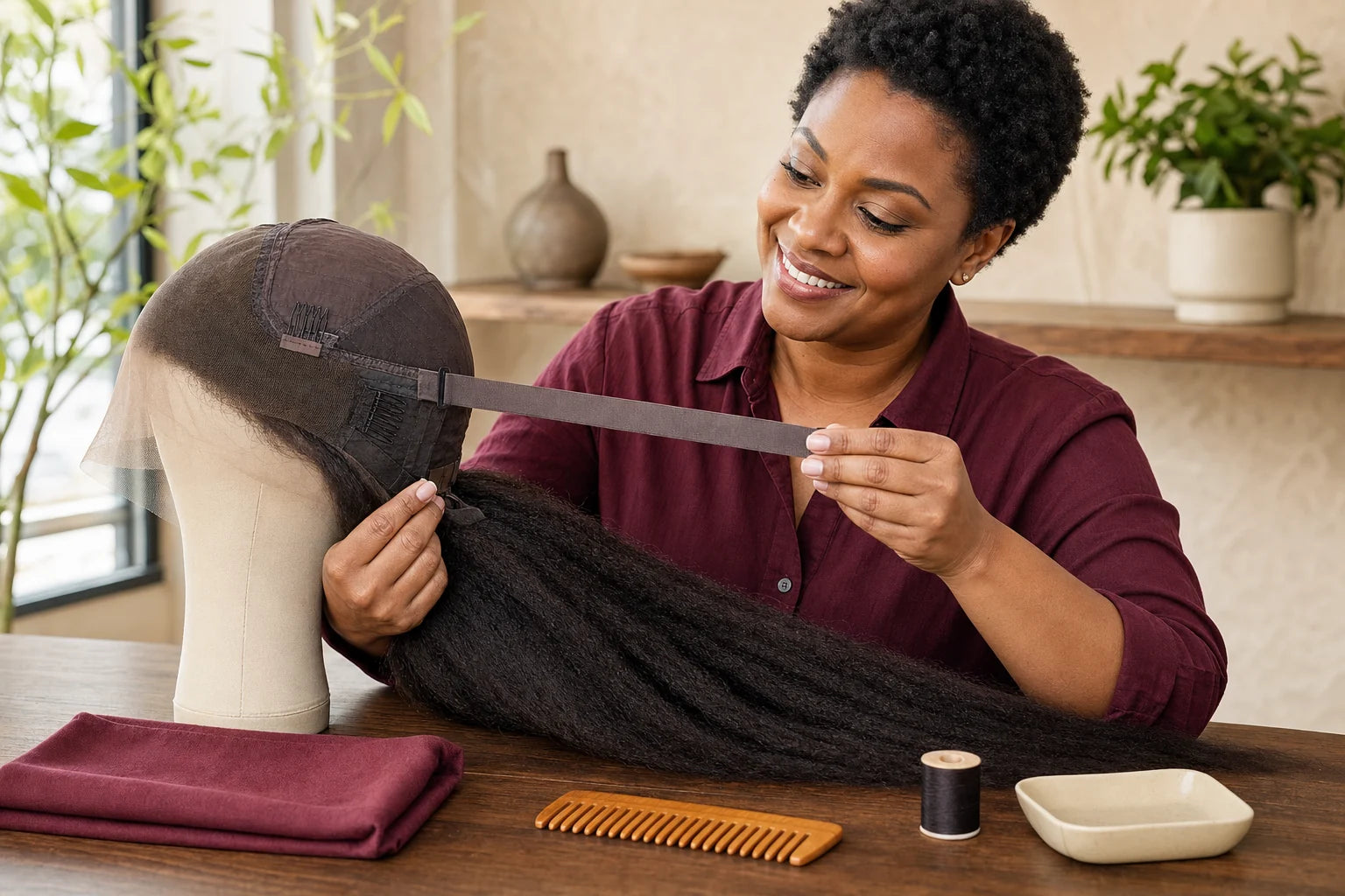A product specialist checks the adjustable band and inner cap of a natural-black kinky-straight glueless wig.