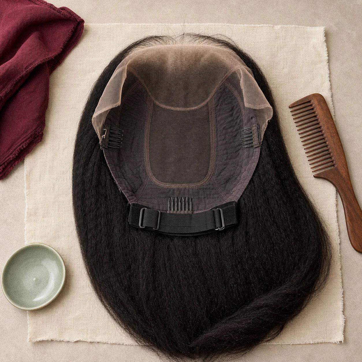 Inside view of a glueless wig showing the adjustable band, internal combs, and cap construction.