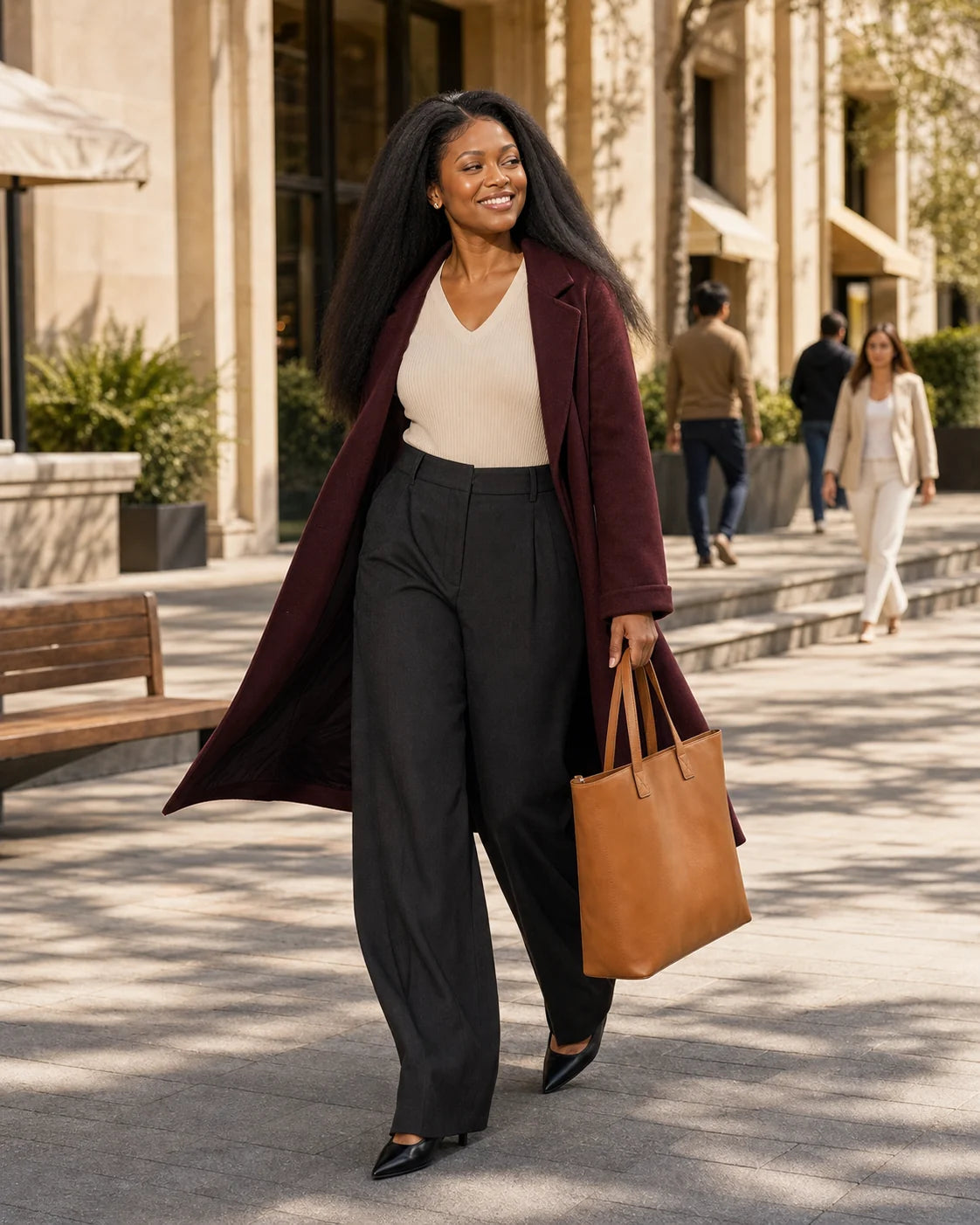 A Black woman with long natural-black kinky-straight hair walks through a sunlit stone-lined city plaza.